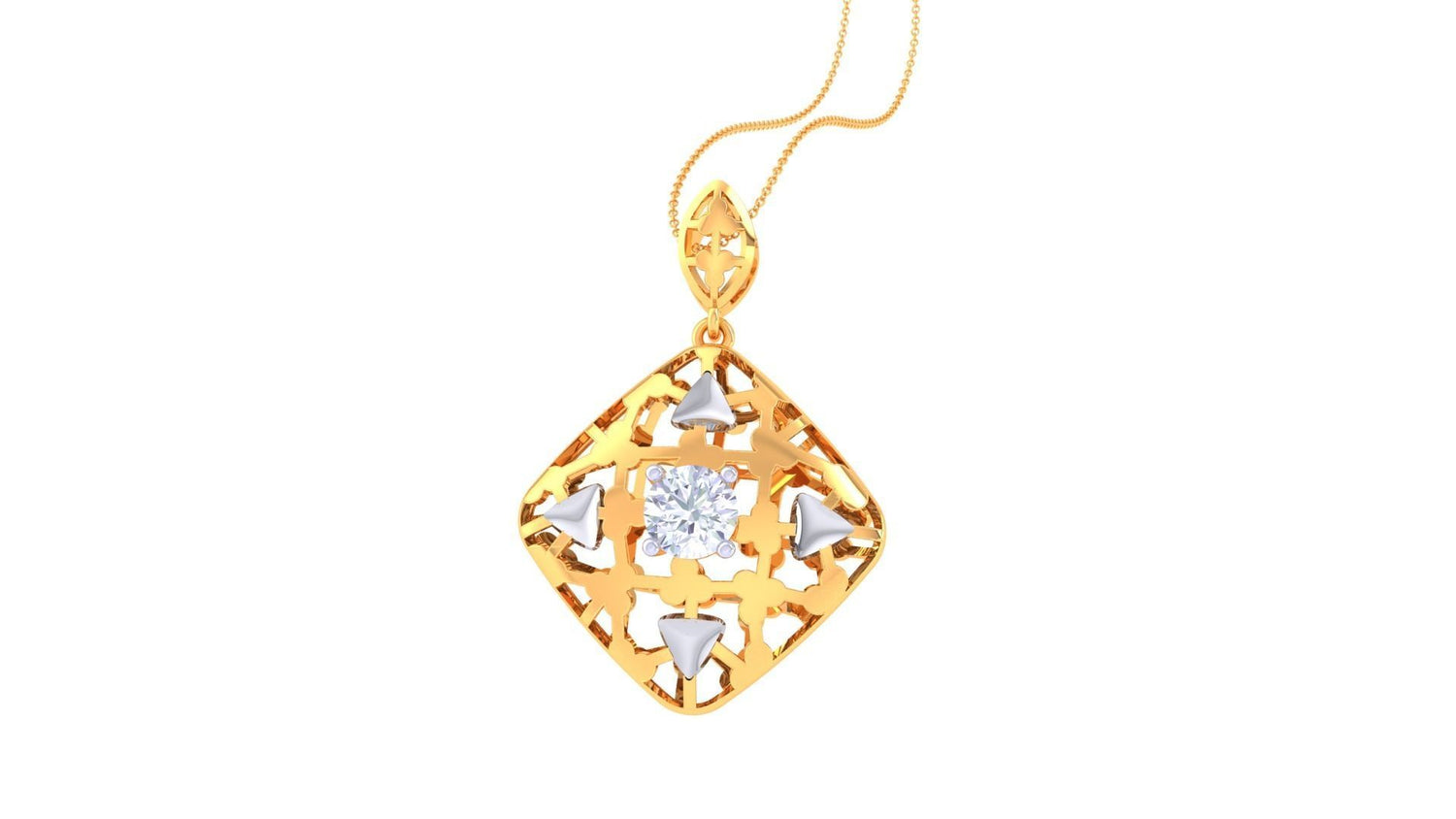 The Marvel Diamond Solitaire Pendant Set by Niraa features a rose gold jewelry set with earrings and a pendant showcasing geometric patterns and central sparkling stones. The pendant hangs from a thin chain, matching the earrings. A true luxury accessory for any occasion.
