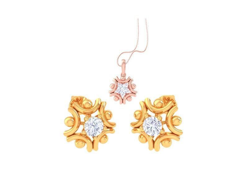 The Karine Diamond Solitaire Pendant Set by Niraa features ornate gold earrings with diamond-like gems and a luxury pendant necklace, highlighting a central diamond solitaire on an elegant, delicate chain. Set against a white background, this ensemble exudes the elegance of gold and diamonds.