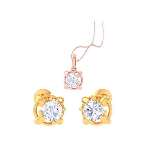 The Lauren Diamond Solitaire Pendant Set by Niraa features gold earrings with clear round gemstones and a diamond pendant in a rose gold setting. The delicate chain and four-prong earring design highlight the brilliance of gold and diamonds.