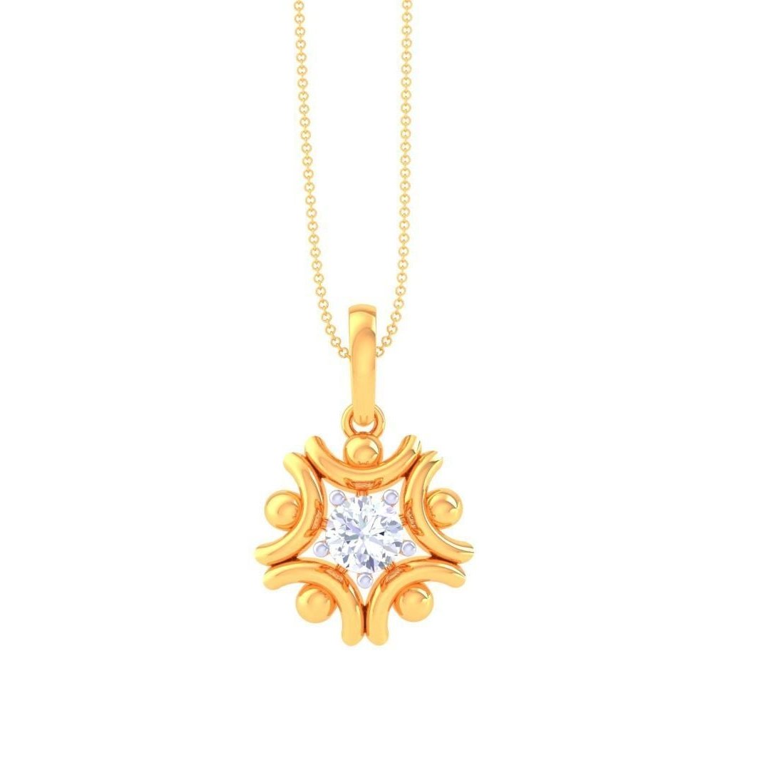 The Karine Diamond Solitaire Pendant Set by Niraa features ornate gold earrings with diamond-like gems and a luxury pendant necklace, highlighting a central diamond solitaire on an elegant, delicate chain. Set against a white background, this ensemble exudes the elegance of gold and diamonds.