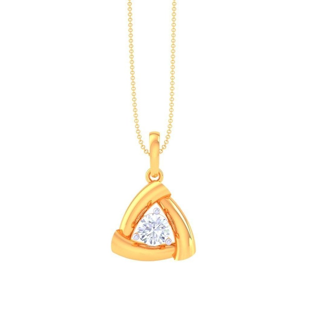 The Louisa Diamond Solitaire Pendant Set by Niraa showcases gold and rose gold triangular settings with round diamonds in a pendant and earring ensemble. This design blends luxurious elegance with modern style, featuring the pendant on a sleek chain.