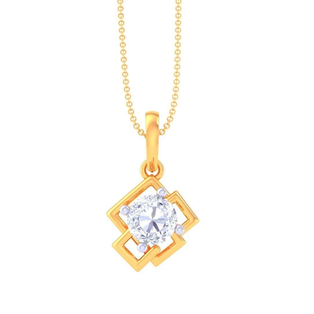 The Niraa Lilliana Diamond Solitaire Pendant Set is a luxury jewelry set featuring a geometric necklace and earrings, each with a central round, clear gemstone framed in gold and rose gold squares. The necklaces fine chain echoes the classic diamond solitaire pendant style.