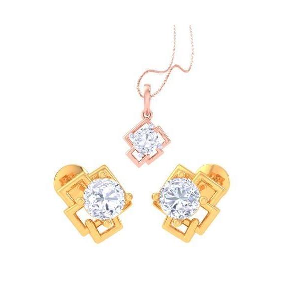 The Niraa Lilliana Diamond Solitaire Pendant Set is a luxury jewelry set featuring a geometric necklace and earrings, each with a central round, clear gemstone framed in gold and rose gold squares. The necklaces fine chain echoes the classic diamond solitaire pendant style.
