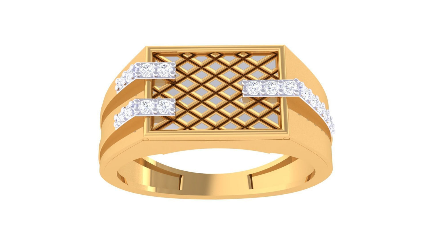 The Ivanna Diamond Mens Ring by Niraa features a wide gold band with a square, lattice-patterned top and zigzag rows of sparkling diamonds on each side. Unfortunately, no textual content is provided to identify essential SEO keywords.