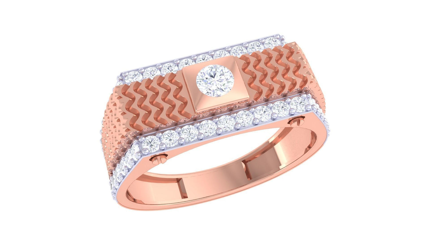 The Ashlynn Diamond Mens Ring by Niraa features a central circular diamond in a rectangular gold setting, encircled by smaller diamonds, and a zigzag-patterned band, all elegantly showcased on a white background.