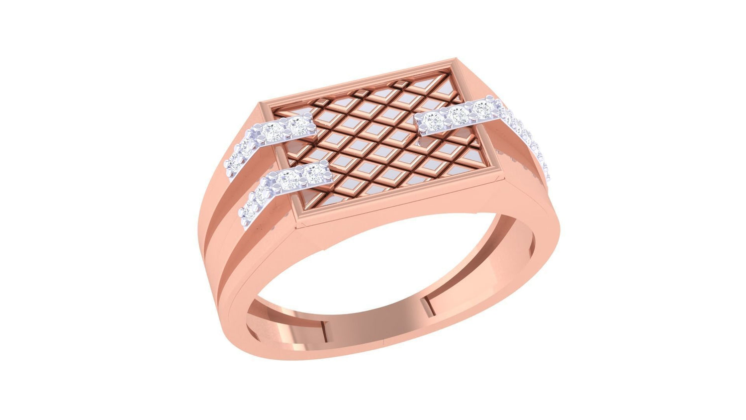 The Ivanna Diamond Mens Ring by Niraa features a wide gold band with a square, lattice-patterned top and zigzag rows of sparkling diamonds on each side. Unfortunately, no textual content is provided to identify essential SEO keywords.