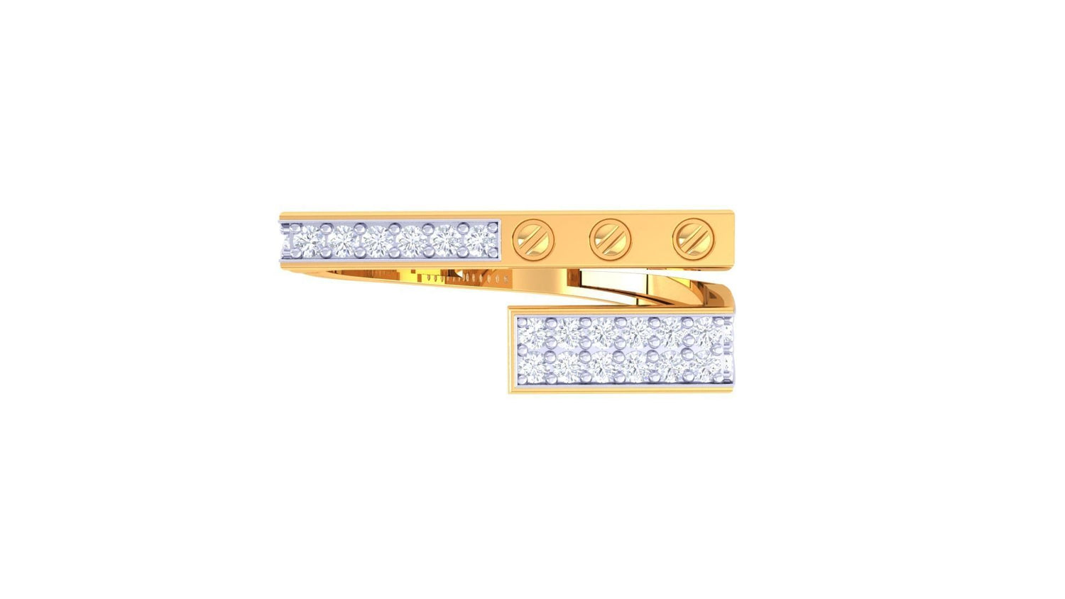 The Novah Diamond Mens Ring by Niraa features a modern design with two parallel gold bands adorned with small diamonds. One band includes three round, screw-like accents, combining elegance and contemporary style against a white background.