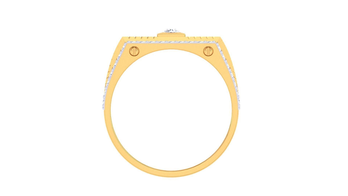 The Ashlynn Diamond Mens Ring by Niraa features a central circular diamond in a rectangular gold setting, encircled by smaller diamonds, and a zigzag-patterned band, all elegantly showcased on a white background.
