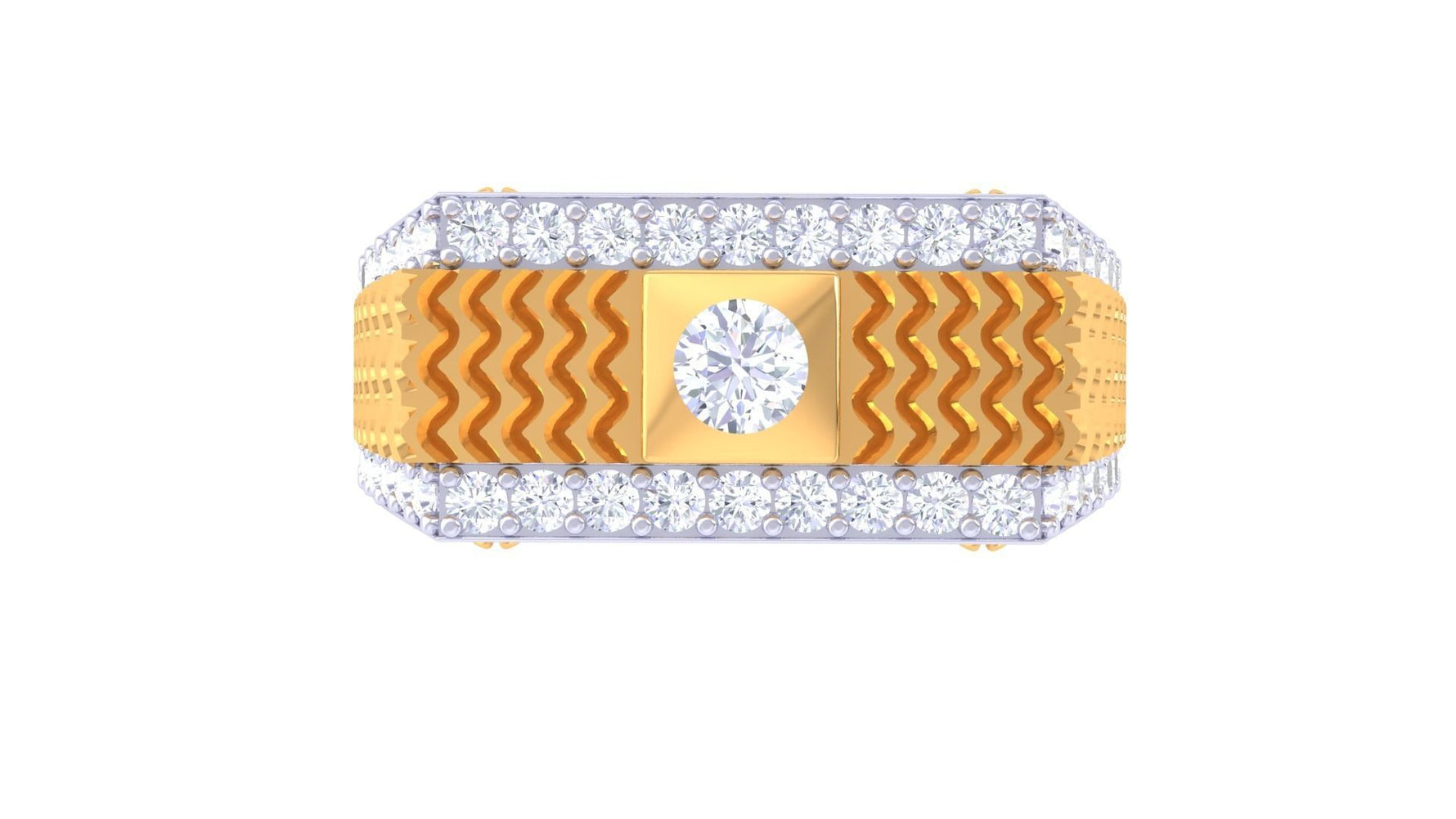 The Ashlynn Diamond Mens Ring by Niraa features a central circular diamond in a rectangular gold setting, encircled by smaller diamonds, and a zigzag-patterned band, all elegantly showcased on a white background.