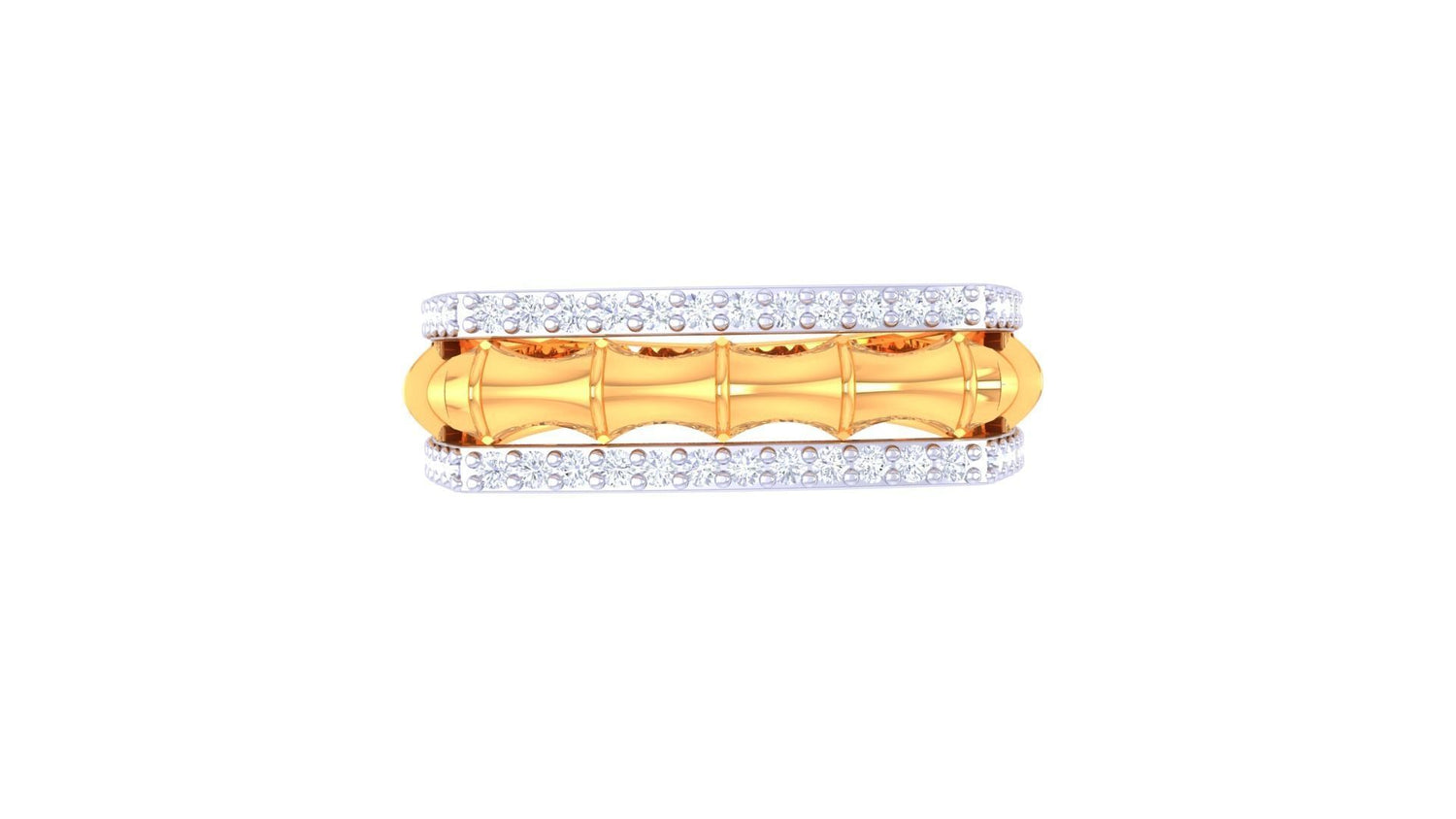 The Jayden Diamond Mens Ring by Niraa features a distinctive design with rounded gold shapes framed by rows of sparkling silver gemstones, combining elegance and contemporary style in one unique piece.