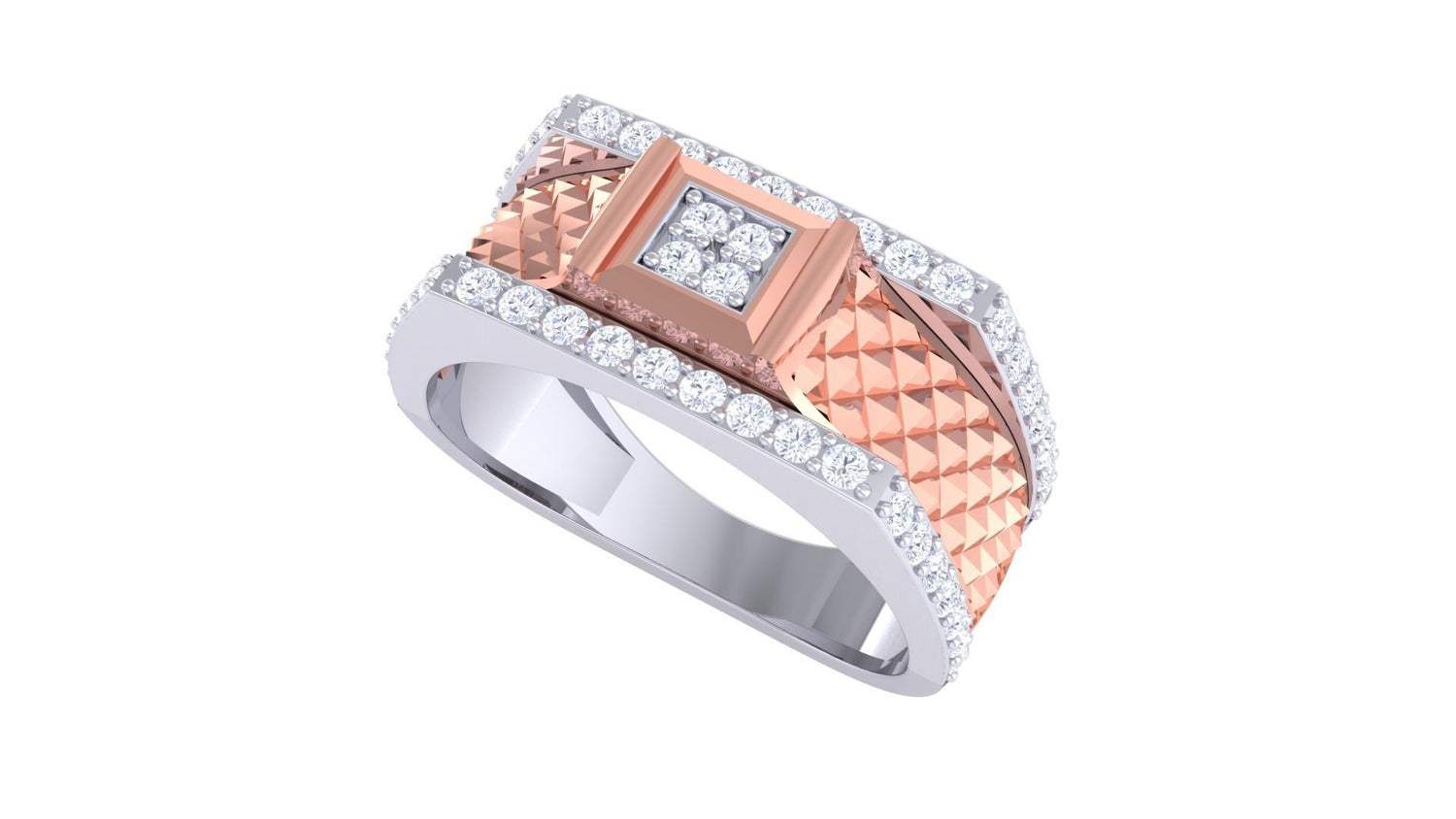 The Janessa Diamond Mens Ring by Niraa features a wide gold band with a textured diamond pattern. Its square centerpiece and elegantly bordered edges are adorned with tiny, sparkling diamonds, adding luxury to any ensemble.
