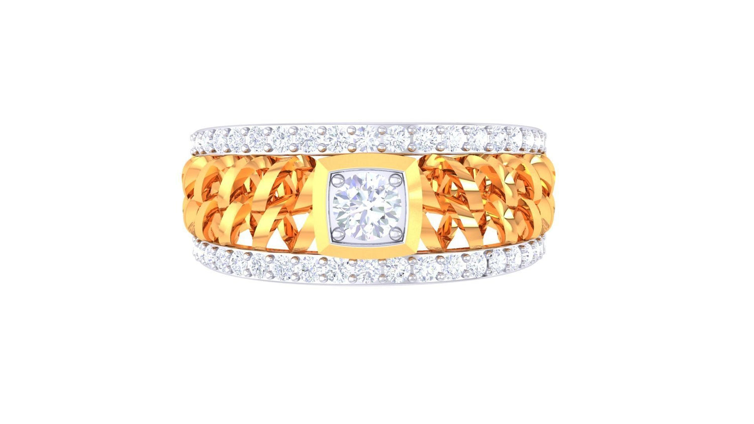 The Niraa Faye Diamond Mens Ring showcases a central square diamond within an intricate braided gold design, bordered by two rows of smaller diamonds set against a plain white background. Consider improving clarity and SEO effectiveness when revisiting the details.