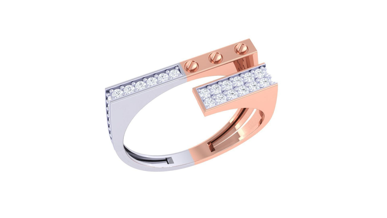 The Novah Diamond Mens Ring by Niraa features a modern design with two parallel gold bands adorned with small diamonds. One band includes three round, screw-like accents, combining elegance and contemporary style against a white background.