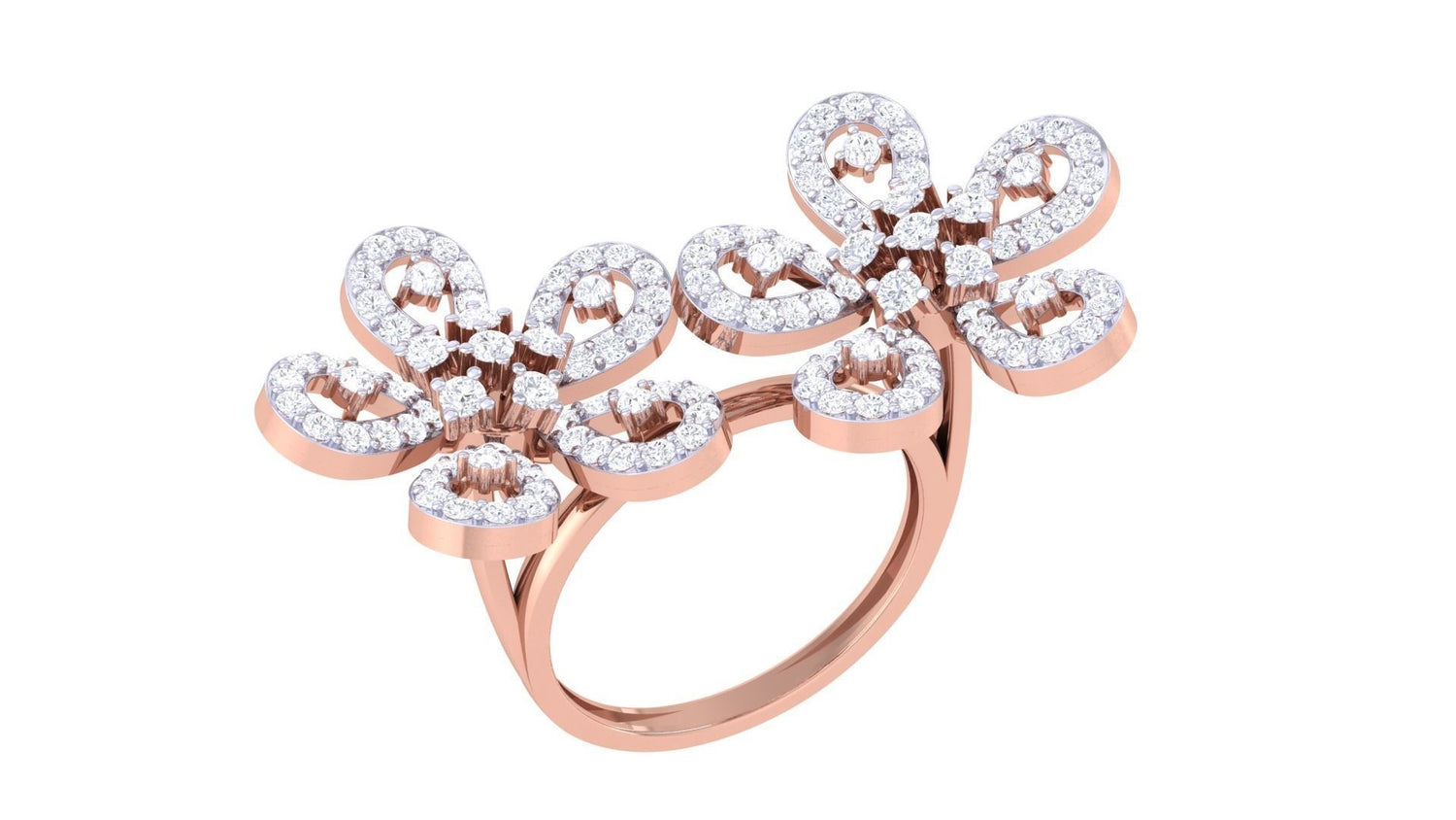 Introducing the Eden Diamond Ladies Ring by Niraa: a luxurious gold ring featuring two butterfly designs embellished with sparkling white diamonds, symmetrically arranged on the band, and wings detailed in embedded diamonds for an elegant appearance.