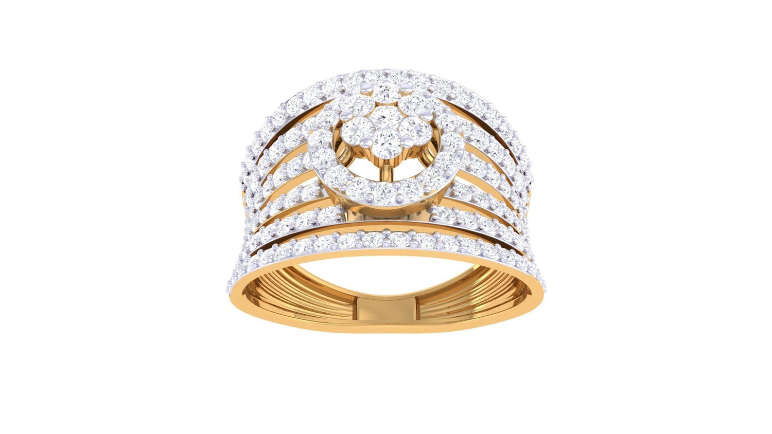 The Rumi Diamond Ladies Ring by Niraa is a luxurious gold accessory adorned with intricate horizontal bands and rows of small diamonds, topped by a captivating circular diamond cluster.