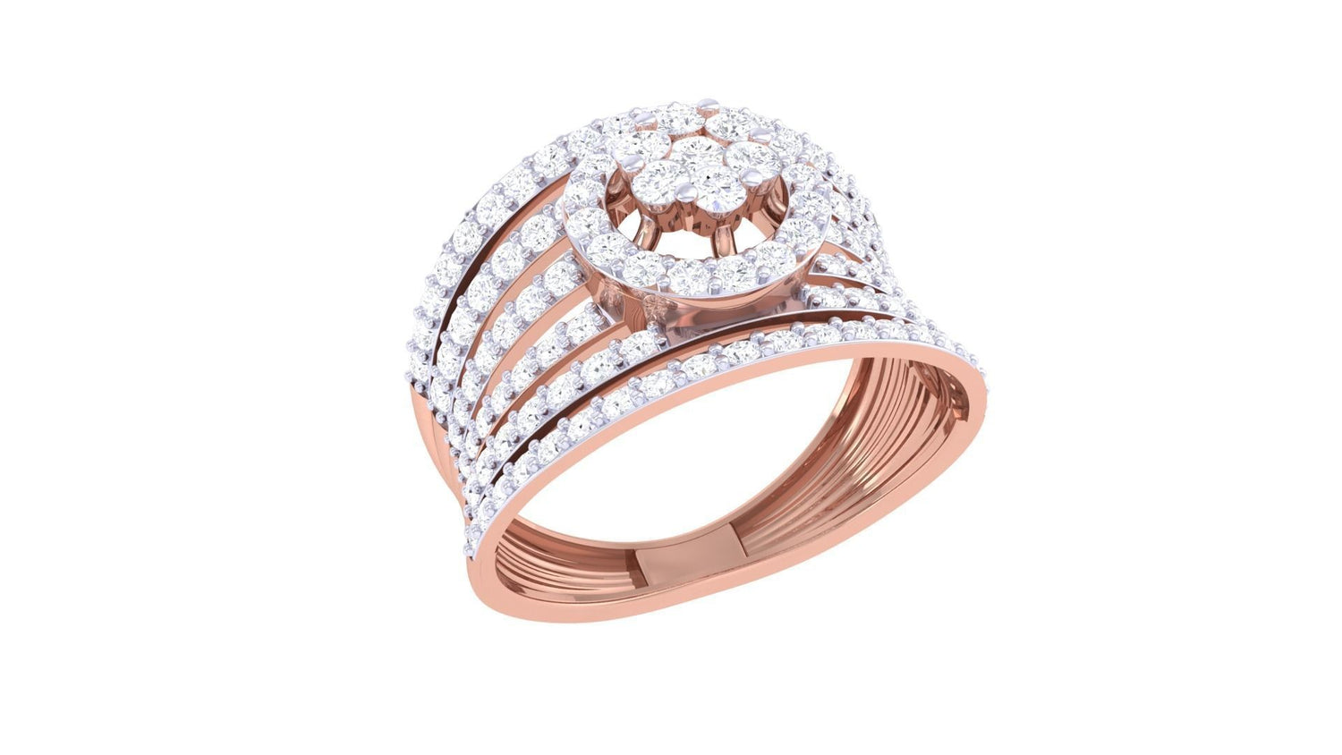 The Rumi Diamond Ladies Ring by Niraa is a luxurious gold accessory adorned with intricate horizontal bands and rows of small diamonds, topped by a captivating circular diamond cluster.