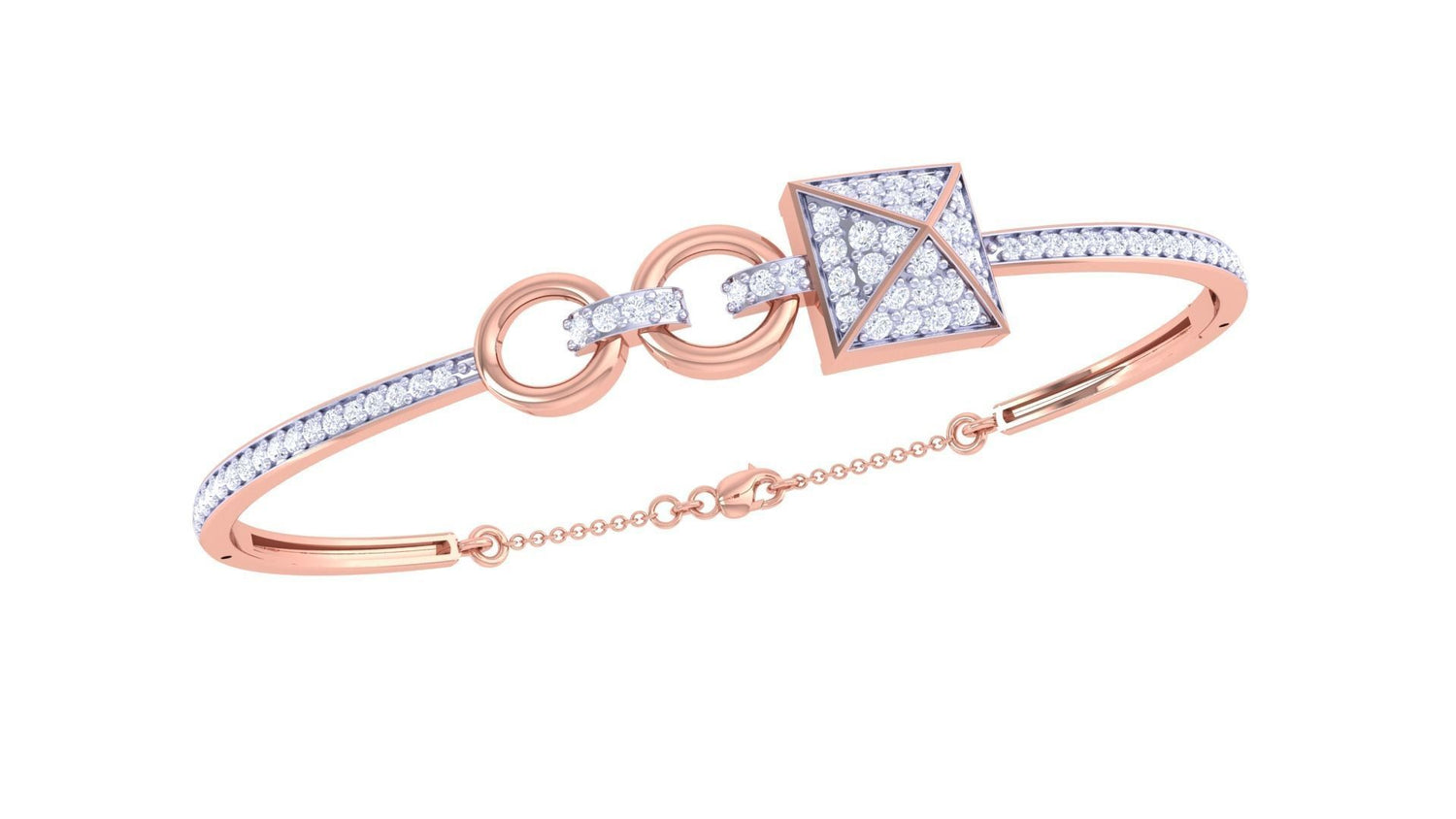 The Kaylin Diamond Bracelet by Niraa is a delicate rose gold bangle with sleek interlocking circles and a pyramid, both encrusted with sparkling diamonds. It features a secure fit with its chain closure, making it an elegant statement piece.
