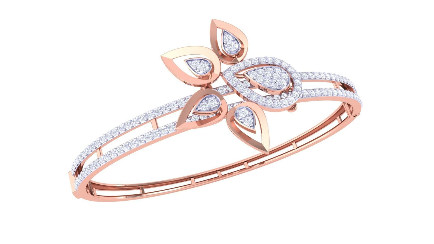 The Niraa Egypt Diamond Bracelet features a rose gold design with delicate floral and leaf-shaped patterns, embedded with diamonds. Its two parallel bands highlight a central motif of pear-shaped elements, making it ideal for elegant evenings or everyday luxury.