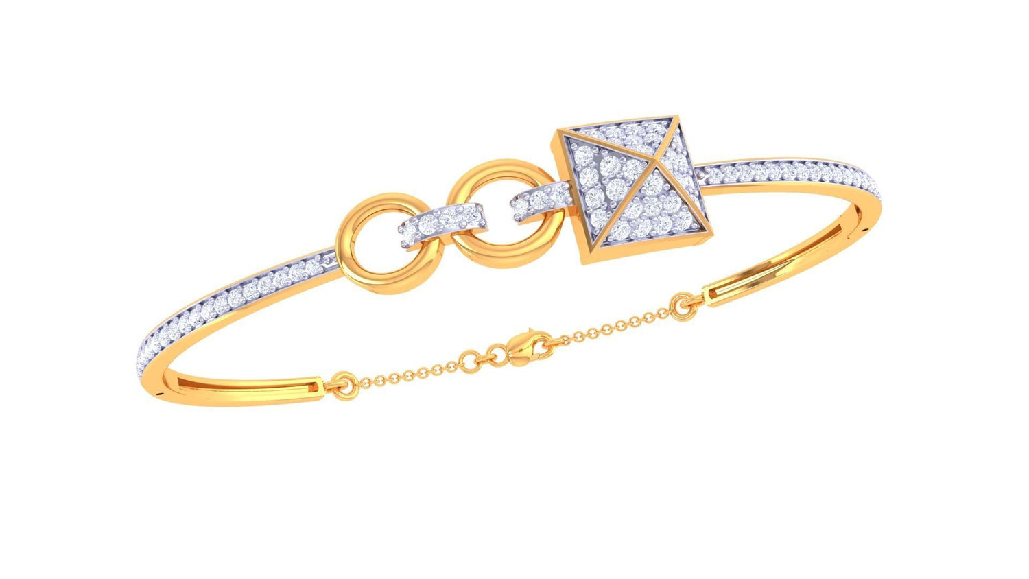 The Kaylin Diamond Bracelet by Niraa is a delicate rose gold bangle with sleek interlocking circles and a pyramid, both encrusted with sparkling diamonds. It features a secure fit with its chain closure, making it an elegant statement piece.