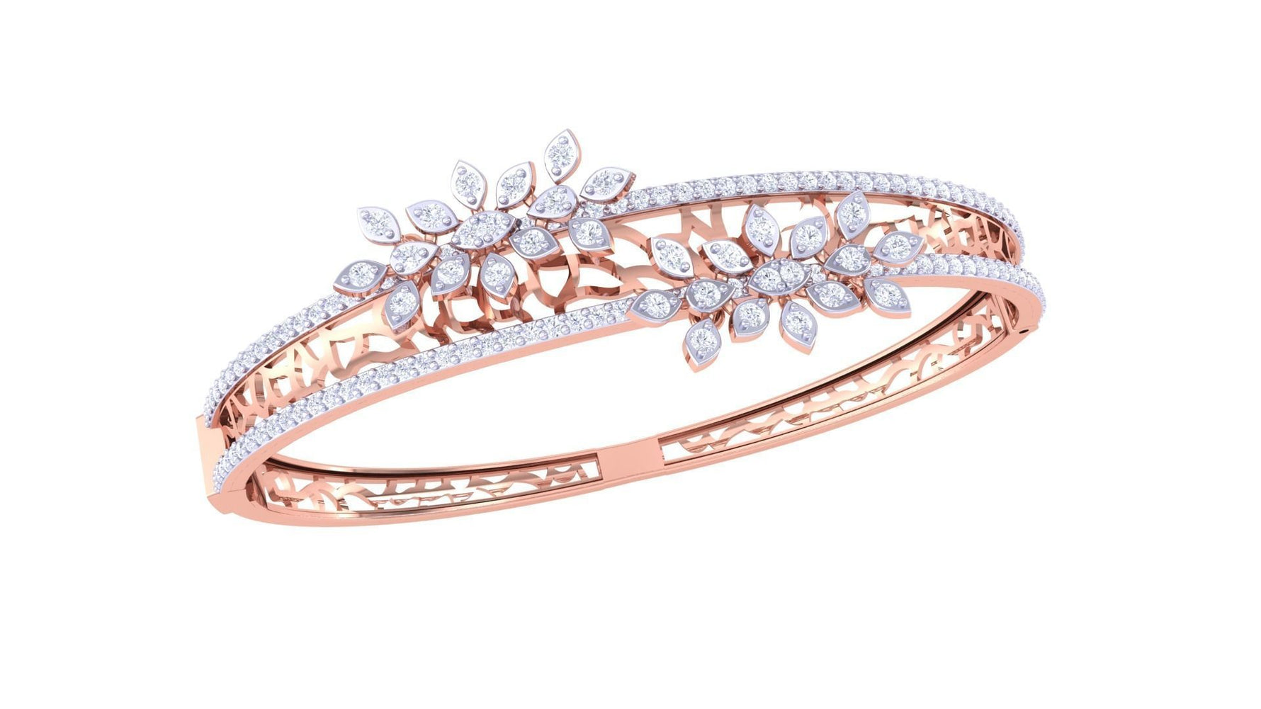 The Dani Diamond Bracelet by Niraa features a luxurious rose gold design with two floral motifs, adorned with numerous white gemstones. Its intricately latticed craftsmanship radiates sophistication and elegance, allowing for full appreciation of its exquisite style.
