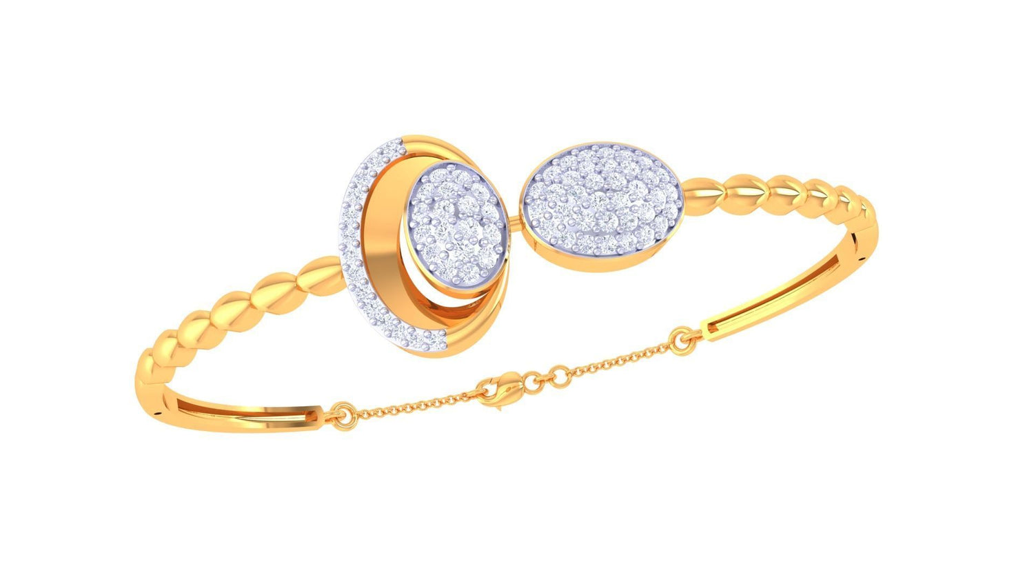The Heavenly Diamond Bracelet by Niraa is a rose gold piece with two intricate, diamond-encrusted designs linked by a delicate chain featuring smooth, round links leading to elegant patterns.