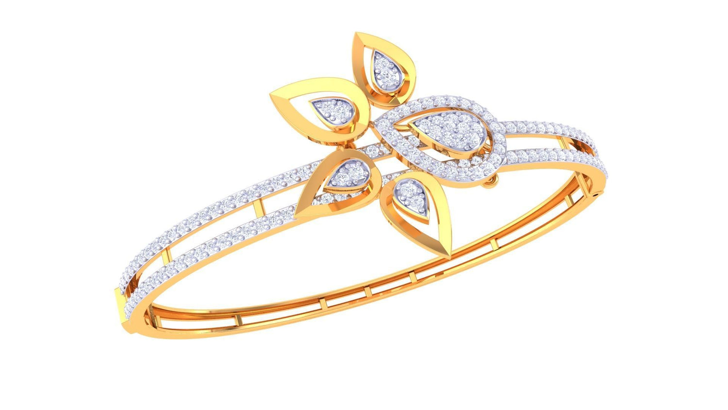 The Niraa Egypt Diamond Bracelet features a rose gold design with delicate floral and leaf-shaped patterns, embedded with diamonds. Its two parallel bands highlight a central motif of pear-shaped elements, making it ideal for elegant evenings or everyday luxury.