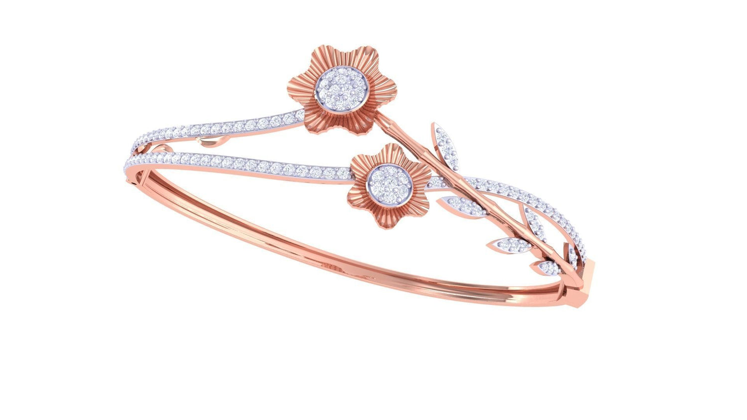The Avalyn Diamond Bracelet by Niraa is a rose gold piece featuring two exquisite flower designs with diamonds. Its slim band sparkles with small diamonds and delicate leaf accents, capturing a subtle elegance and timeless charm.