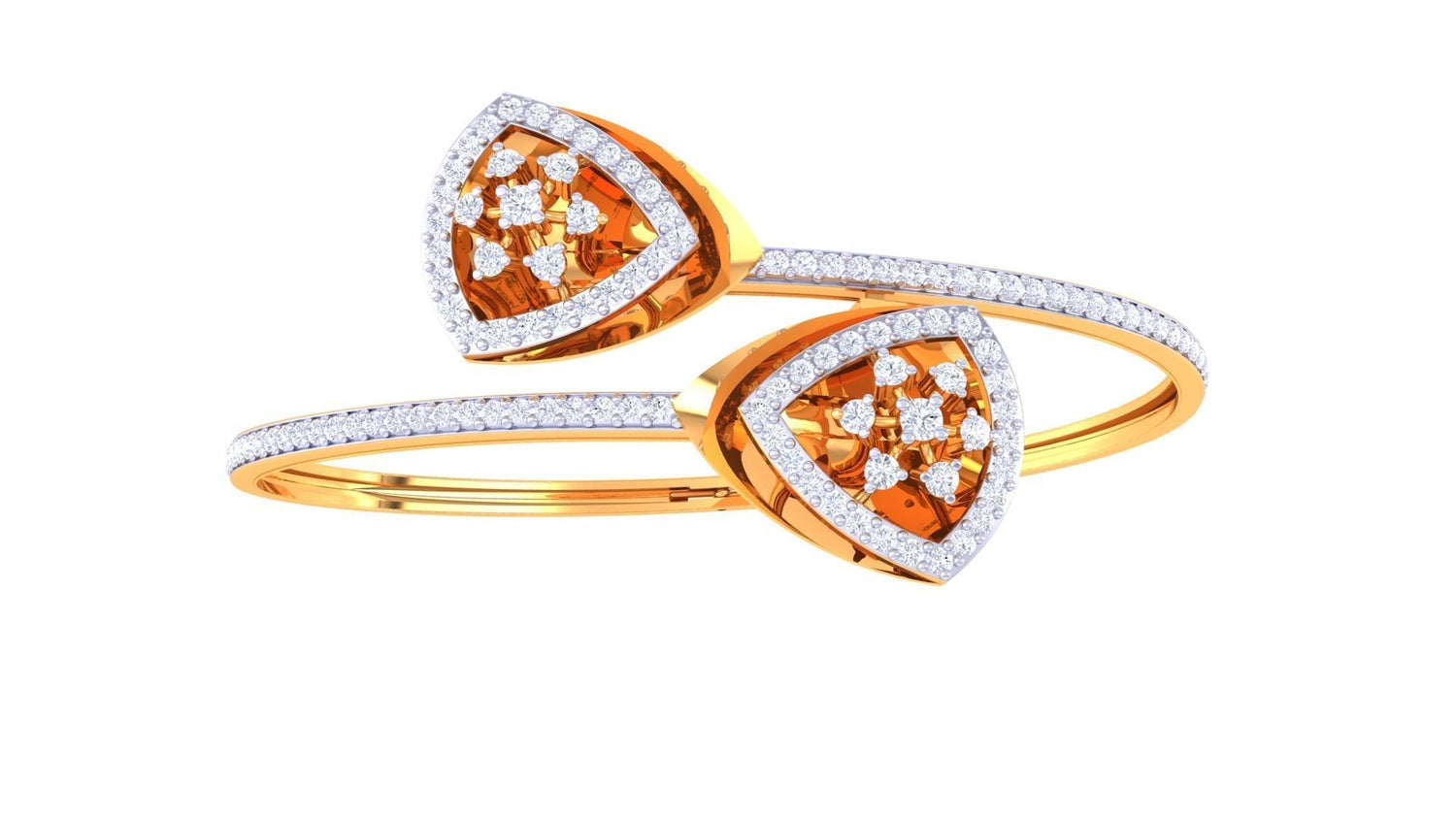 The Zainab Diamond Bracelet by Niraa features a rose gold bangle with two triangle-shaped settings, each adorned with a cluster of small round diamonds surrounded by halos. Its captivating and elegant design embodies a refined sparkle, perfect for any occasion.