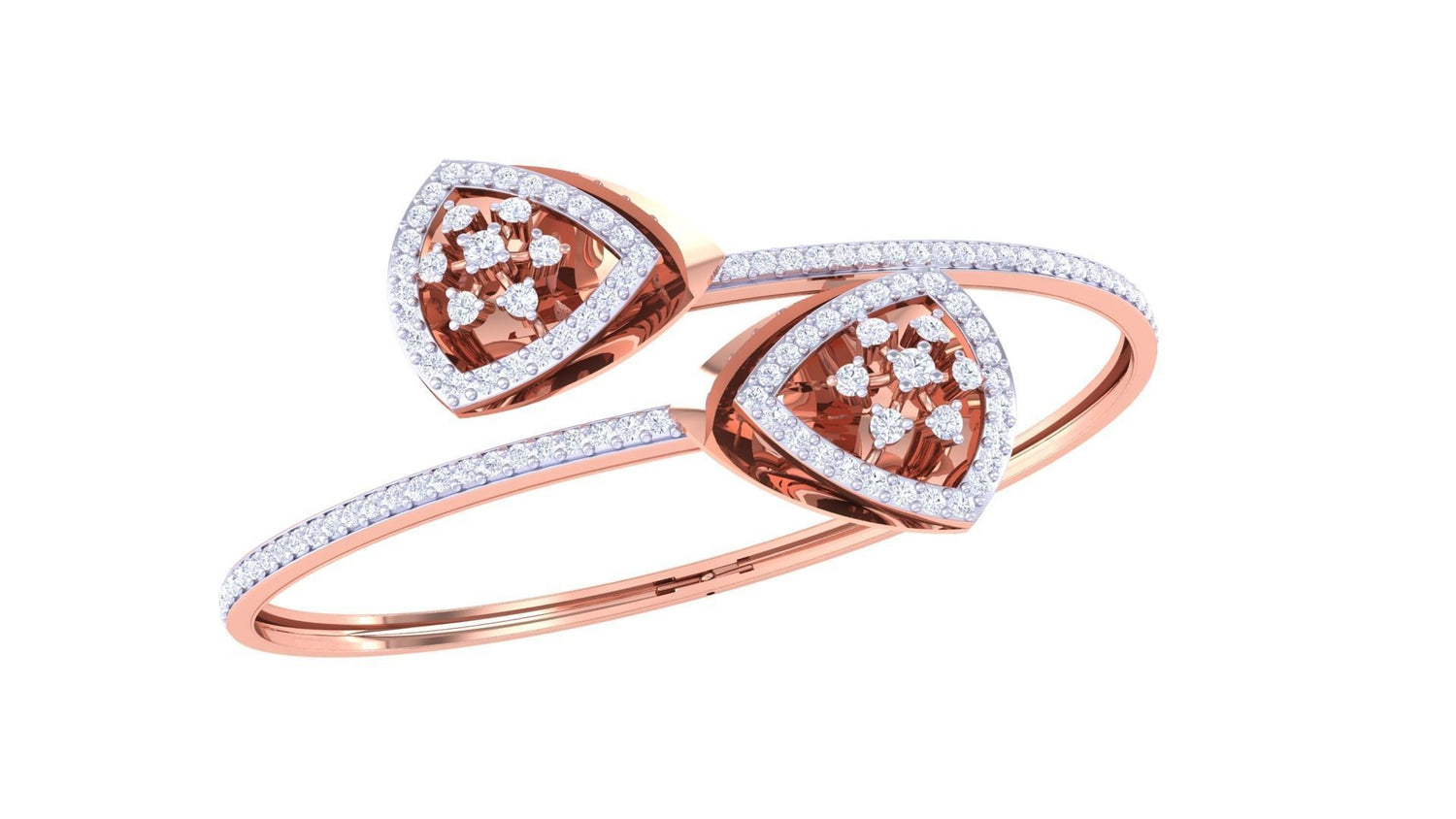 The Zainab Diamond Bracelet by Niraa features a rose gold bangle with two triangle-shaped settings, each adorned with a cluster of small round diamonds surrounded by halos. Its captivating and elegant design embodies a refined sparkle, perfect for any occasion.