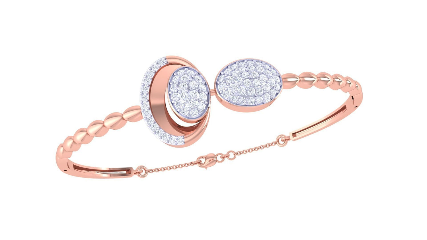 The Heavenly Diamond Bracelet by Niraa is a rose gold piece with two intricate, diamond-encrusted designs linked by a delicate chain featuring smooth, round links leading to elegant patterns.
