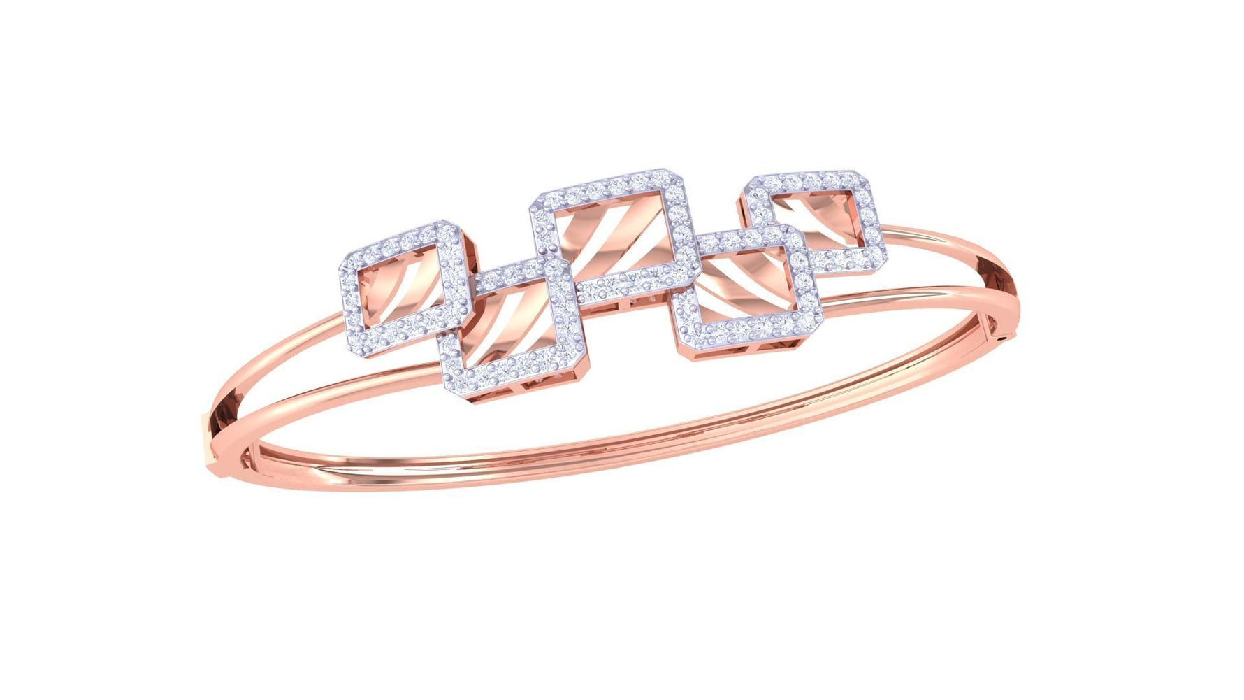 The Kataleya Diamond Bracelet by Niraa features overlapping square motifs embellished with sparkling stones in rose gold, creating an elegant, modern piece that captures attention effortlessly.