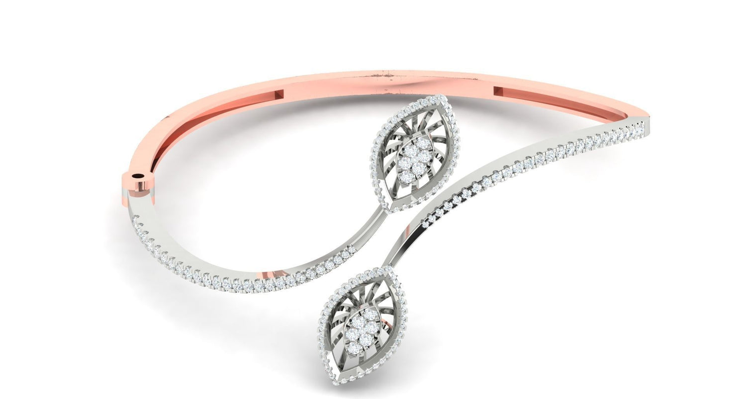 The Zola Diamond Bracelet by Niraa, in rose gold and silver, features two diamond-encrusted leaf designs. Its intricate blend of metals and gemstones offers a dazzling elegance ideal for special occasions.
