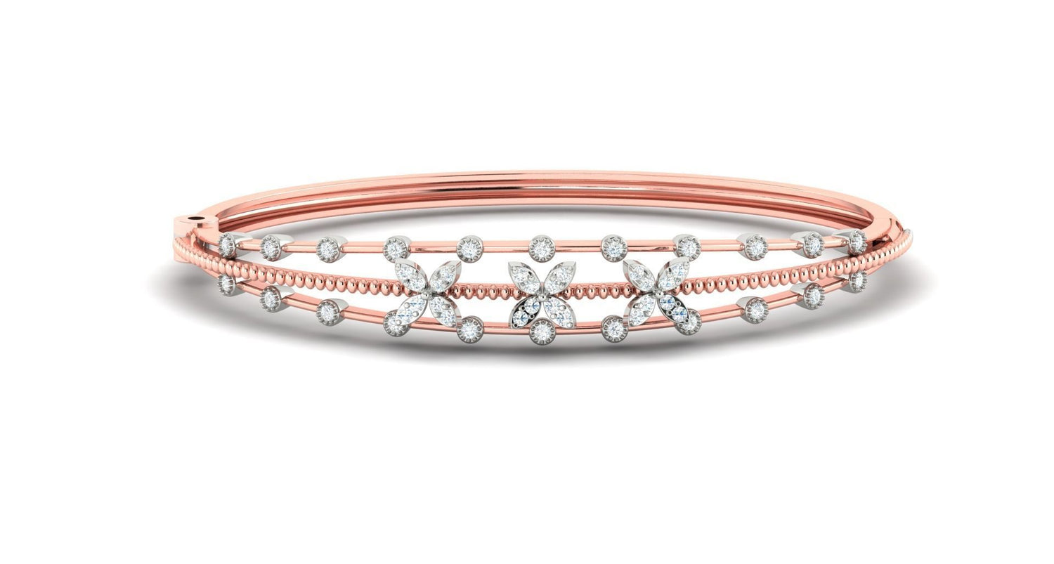 Niraas Bellamy Diamond Bracelet is a rose gold bangle with an intricate lattice design, featuring small circular diamonds in a repeating X pattern. It exudes elegance and boasts a smooth, polished finish for timeless allure.