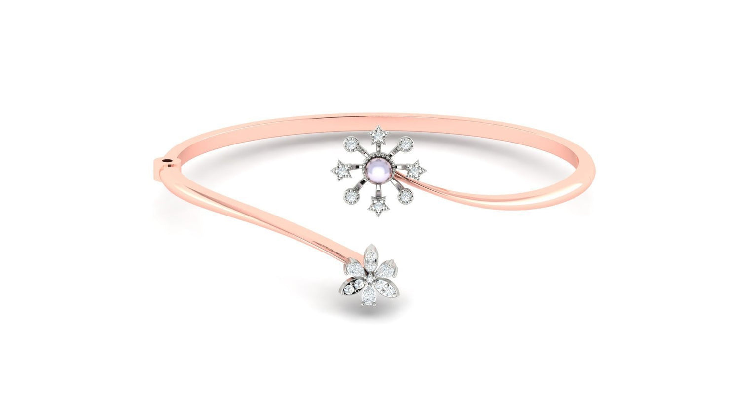 The Niraa Tinley Diamond Bracelet in rose gold features two floral designs: a larger flower with a central gem encircled by diamonds, and a smaller, diamond-studded petal flower, radiating elegance and charm.
