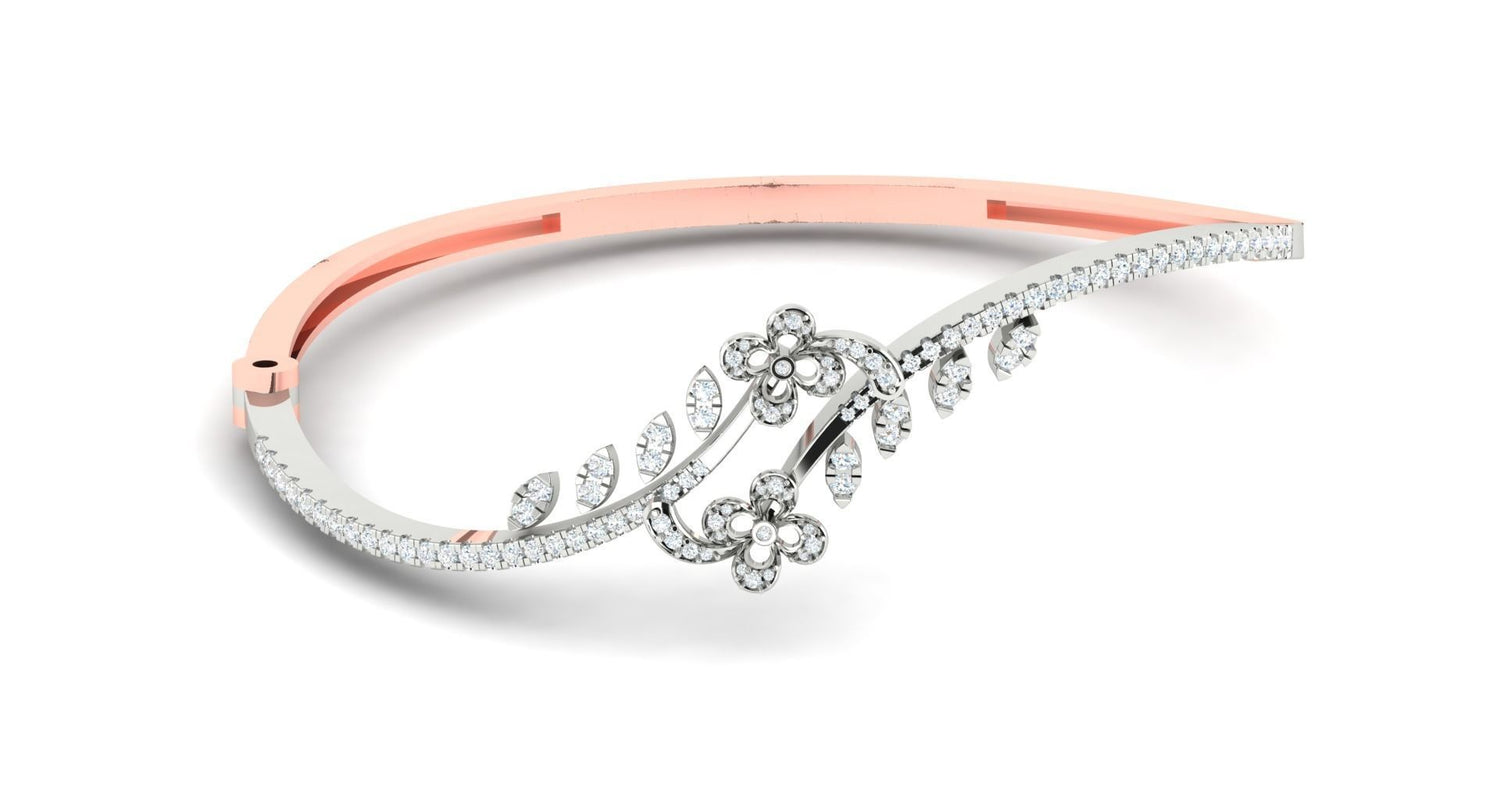 The Queen Diamond Bracelet by Niraa features a rose gold band adorned with white diamond floral and leaf motifs. Its intricate detailing provides an elegant, shimmering look, perfect for adding grace to any ensemble. Apologies for any confusion earlier.