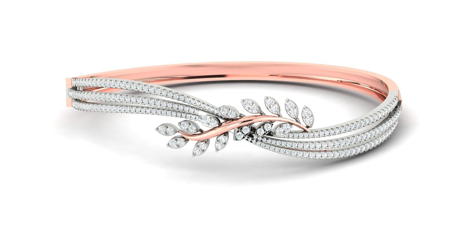 The Jenesis Diamond Bracelet by Niraa showcases a stunning leaf design in rose gold and silver, embellished with small diamonds. Delicate curves and shimmering stones enhance its elegance, making this piece captivating with its timeless beauty and intricate craftsmanship.