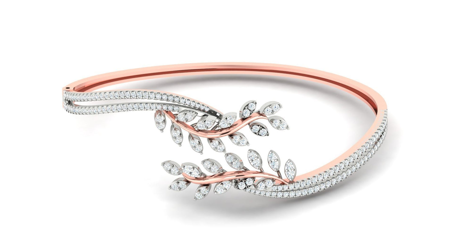The Violeta Diamond Bracelet by Niraa, in rose gold with a leaf motif adorned with sparkling diamonds, exudes elegance and luxury. With entwined branches featuring diamond leaves, this sophisticated piece is ideal for those who value intricate beauty and graceful craftsmanship.