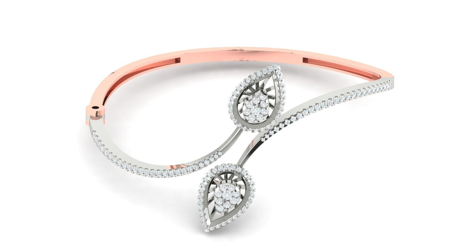The Amia Diamond Bracelet by Niraa is a sleek two-tone piece in rose gold and silver, featuring diamond-studded teardrop shapes extending from the band, beautifully adorned with additional smaller diamonds along the edges.