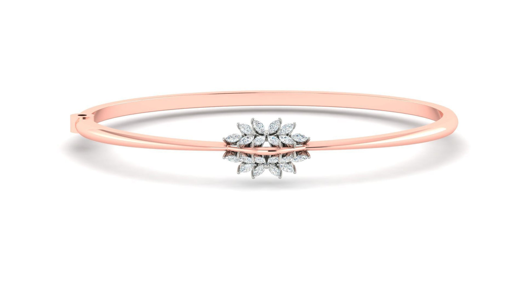 The Paola Diamond Bracelet by Niraa is a minimalist rose gold piece featuring a floral diamond cluster centerpiece with perfectly symmetrical petal-shaped diamonds, ideal for those seeking elegance and understated charm.