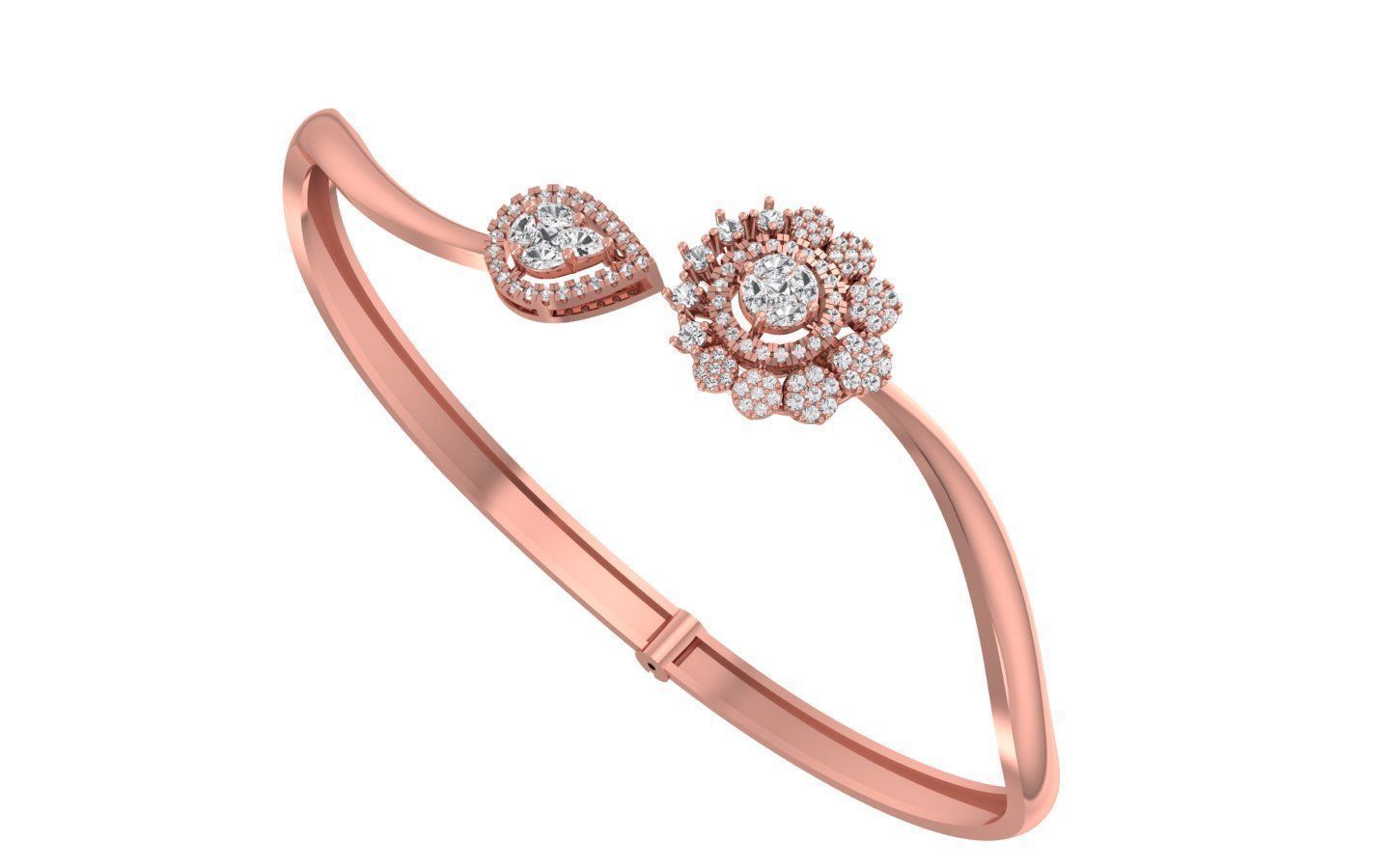 The Luella Diamond Bracelet from Niraa exudes elegance with its open design, featuring exquisite pear- and flower-shaped diamond clusters at each end. Adorned with smaller diamonds, it sparkles beautifully, while its sleek, polished finish enhances the luxurious allure of this piece.
