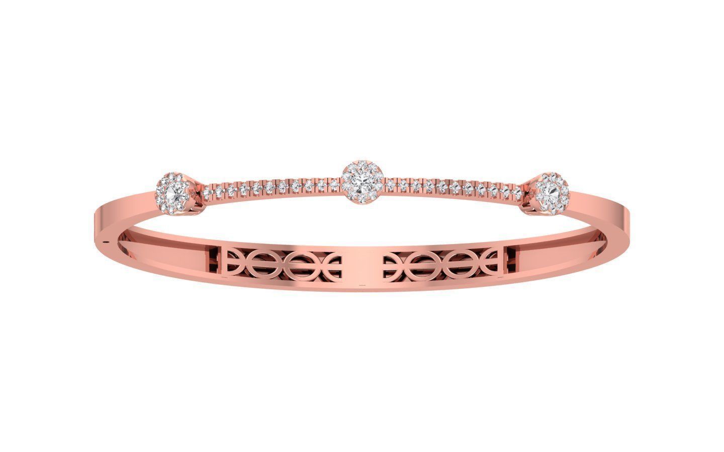 The Alisha Diamond Bracelet by Niraa is a rose gold piece with intricate cut-out patterns, featuring a row of small diamonds beneath three larger round ones. This exquisite bracelet offers elegance and sparkle, making it the perfect statement accessory for any occasion.