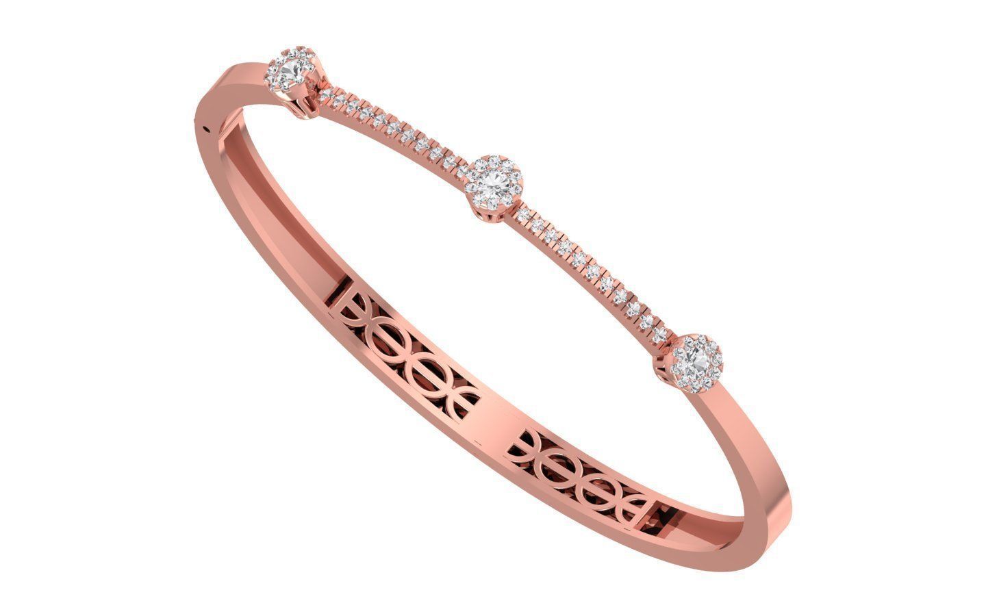 The Alisha Diamond Bracelet by Niraa is a rose gold piece with intricate cut-out patterns, featuring a row of small diamonds beneath three larger round ones. This exquisite bracelet offers elegance and sparkle, making it the perfect statement accessory for any occasion.