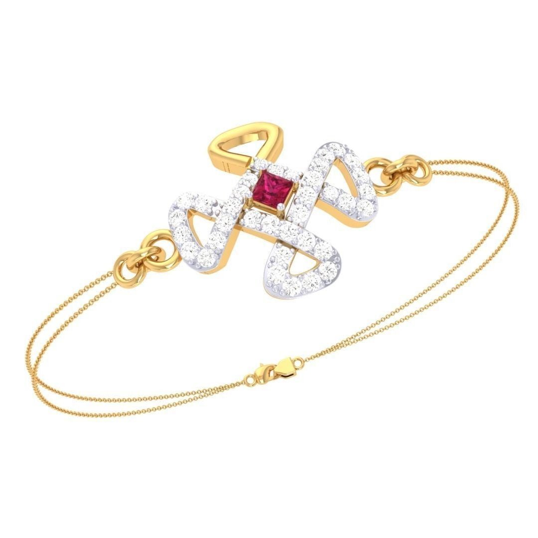 The Joselyn Diamond Bracelet by Niraa showcases an intricate design with a vibrant red gemstone at the center, framed by shimmering white stones. This elegant piece is connected to a delicate double-chain with a secure clasp, epitomizing sophistication.