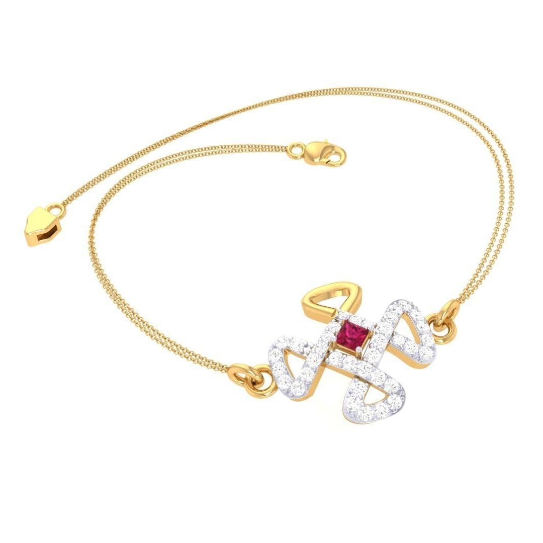 The Joselyn Diamond Bracelet by Niraa showcases an intricate design with a vibrant red gemstone at the center, framed by shimmering white stones. This elegant piece is connected to a delicate double-chain with a secure clasp, epitomizing sophistication.