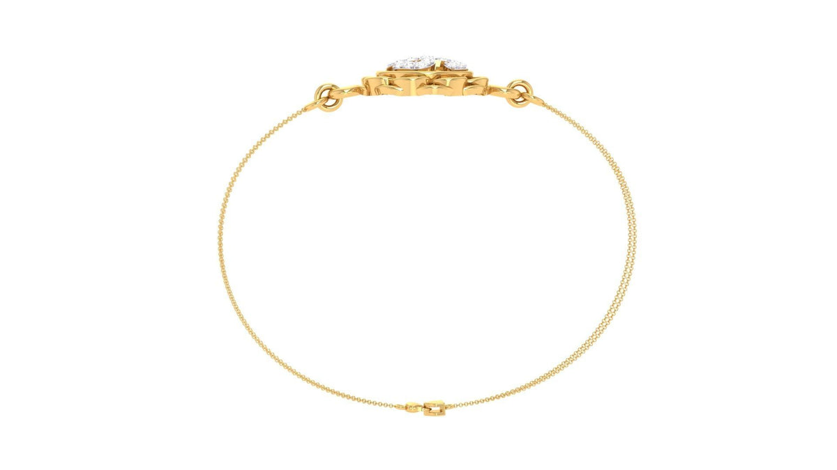 The Hadleigh Diamond Bracelet by Niraa features a gold floral design with a swirling silver central motif adorned with diamond accents. It includes a delicate double chain and a clasp closure.