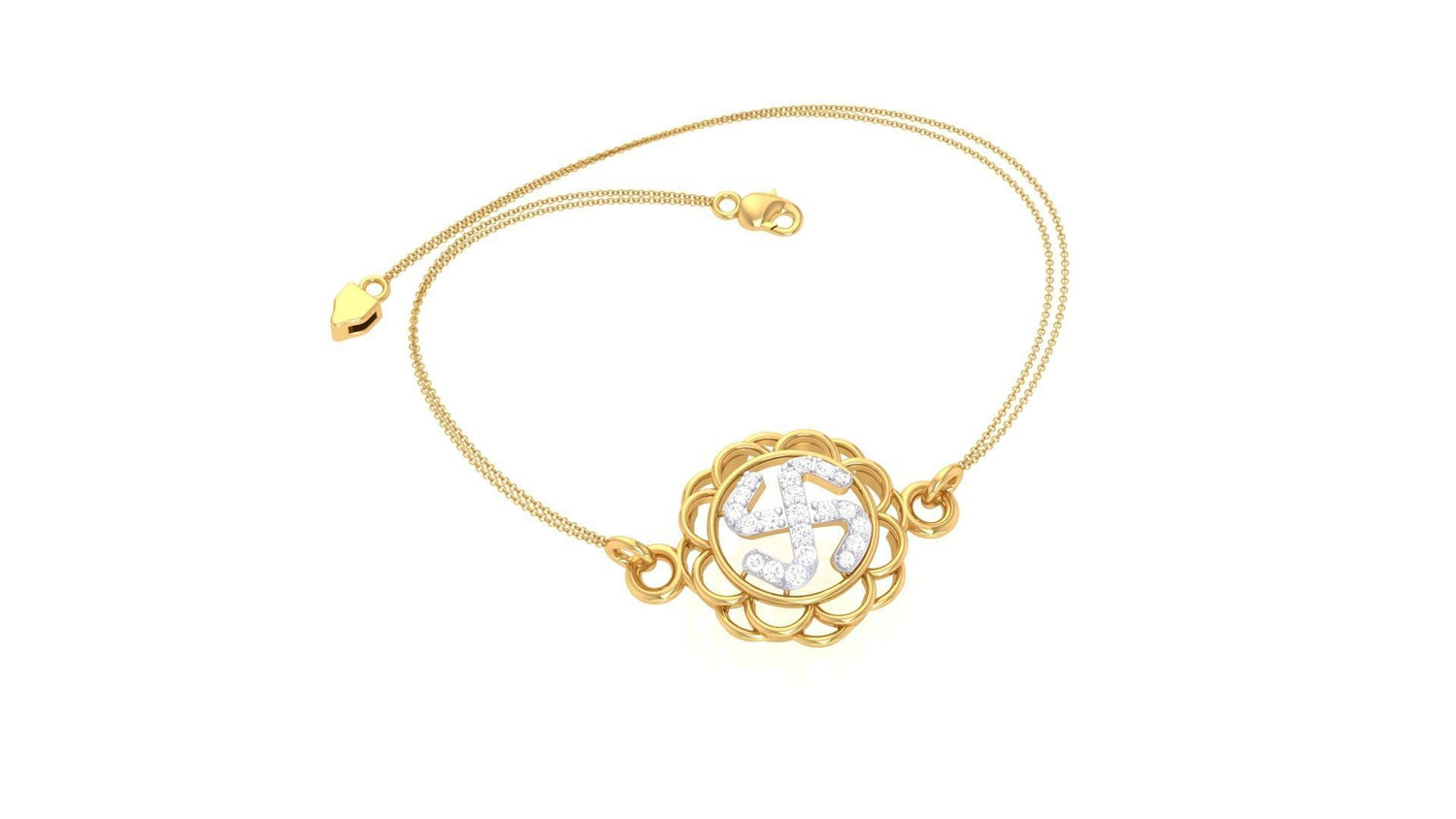 The Hadleigh Diamond Bracelet by Niraa features a gold floral design with a swirling silver central motif adorned with diamond accents. It includes a delicate double chain and a clasp closure.