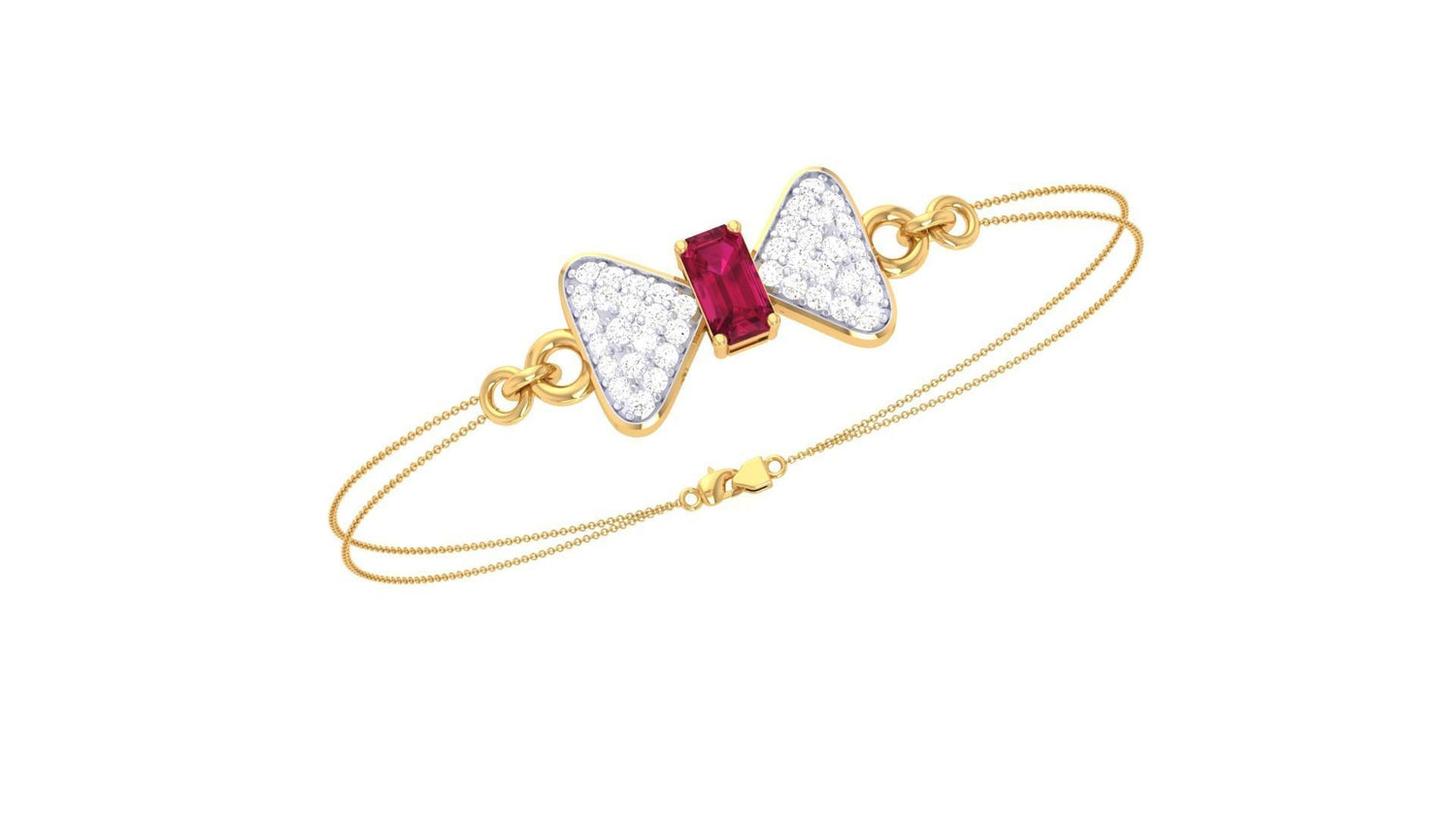 The Niraa Etta Diamond Bracelet features a delicate gold chain with a bow-shaped charm adorned with white stones and a central red gemstone, complete with a clasp closure, making it an exquisite accessory for any occasion.
