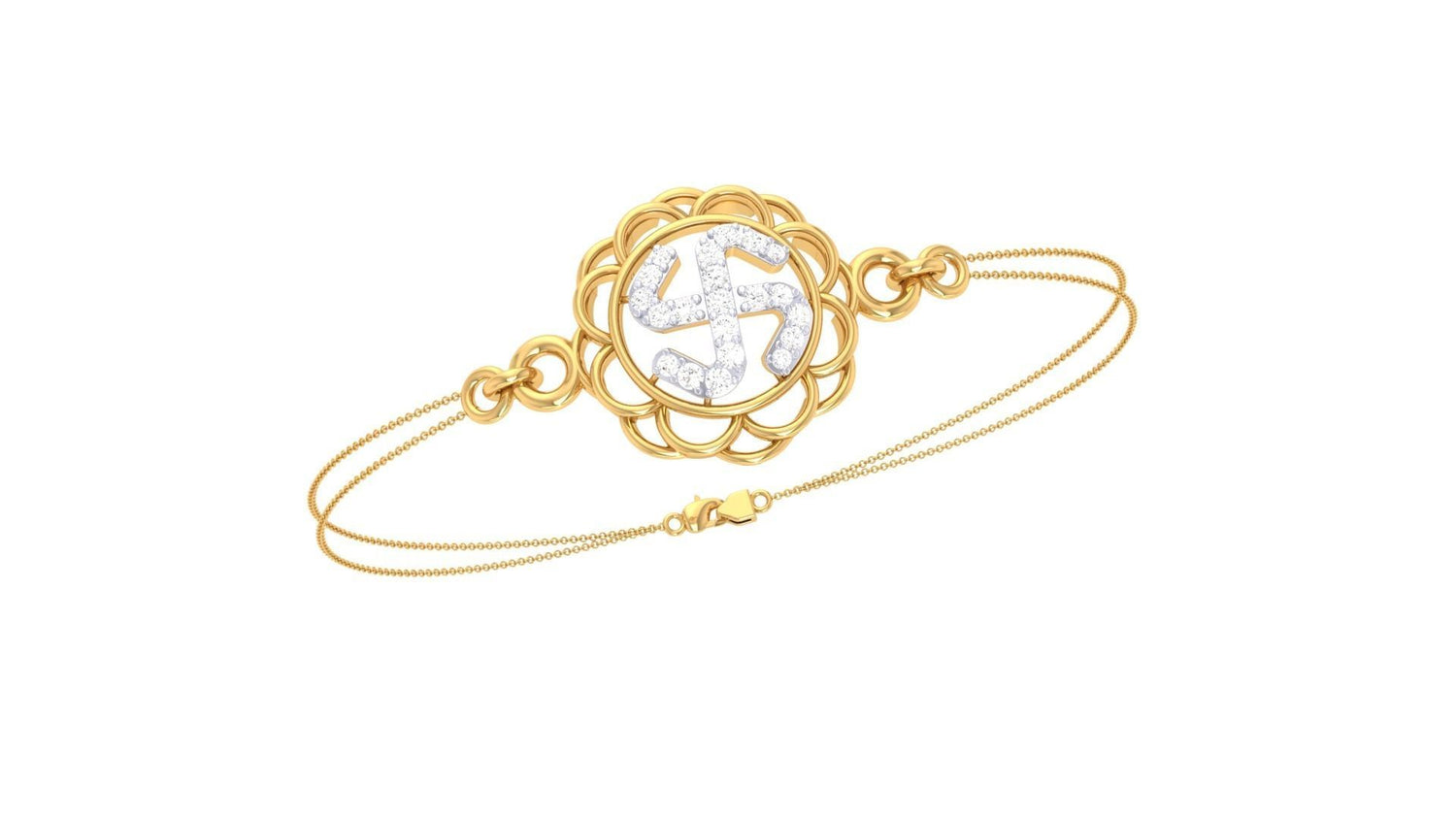 The Hadleigh Diamond Bracelet by Niraa features a gold floral design with a swirling silver central motif adorned with diamond accents. It includes a delicate double chain and a clasp closure.