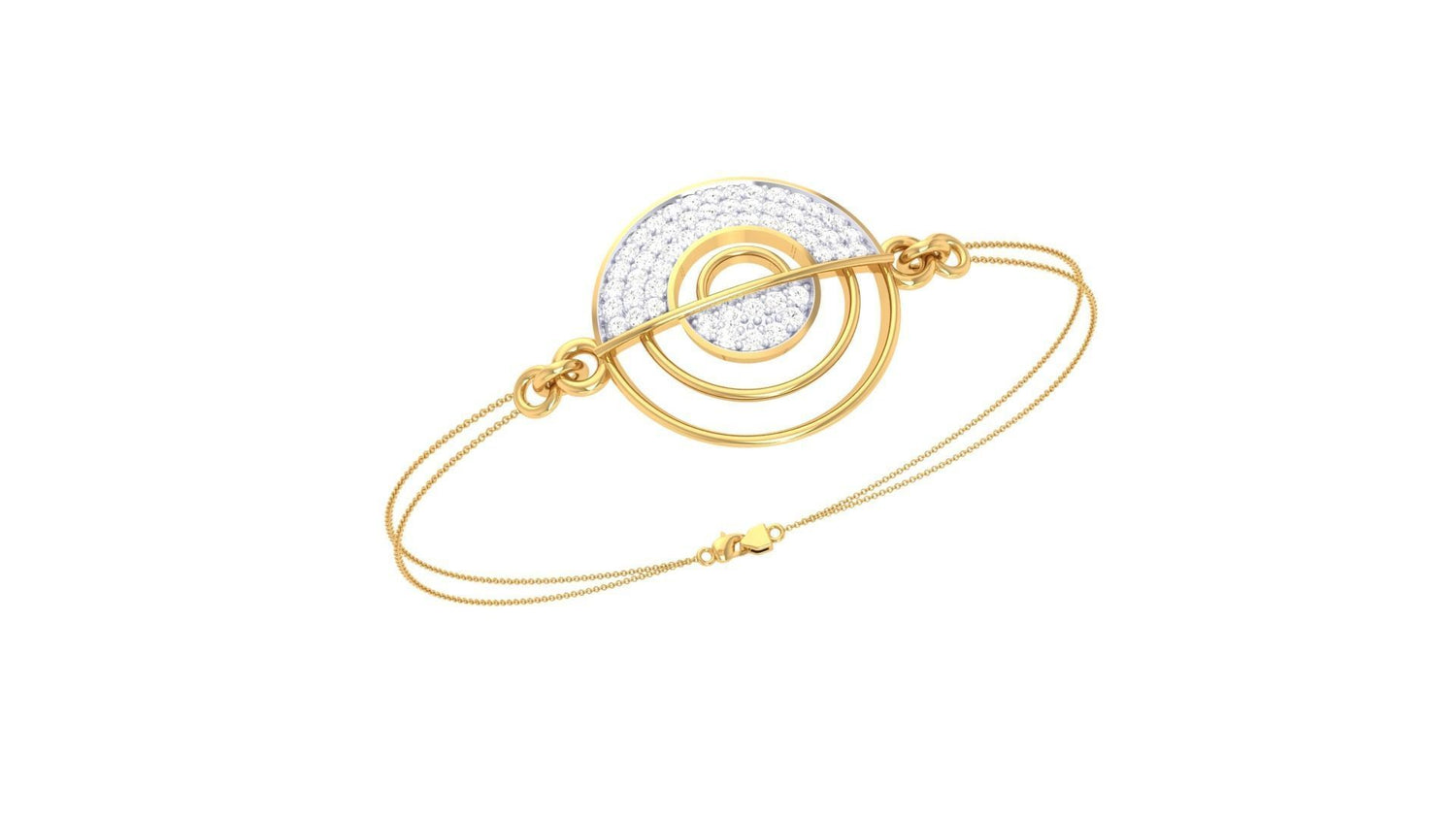 The Kaelyn Diamond Bracelet by Niraa is a sophisticated gold bracelet with a circular centerpiece featuring interlocking rings adorned with sparkling diamonds. It has an elegant chain design and a simple clasp, offering timeless style for any occasion.