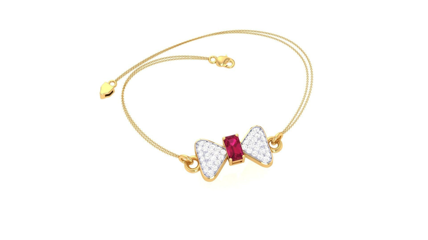 The Niraa Etta Diamond Bracelet features a delicate gold chain with a bow-shaped charm adorned with white stones and a central red gemstone, complete with a clasp closure, making it an exquisite accessory for any occasion.